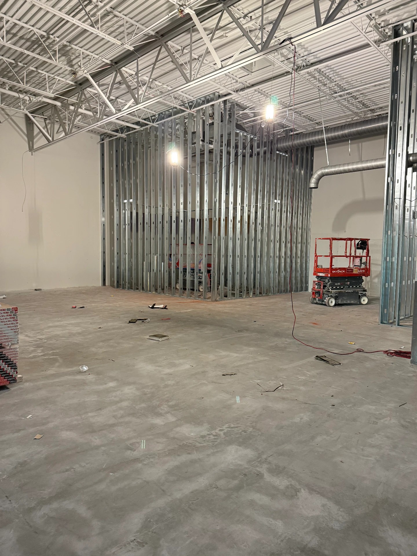 Long run of metal stud framing with HVAC rough-in