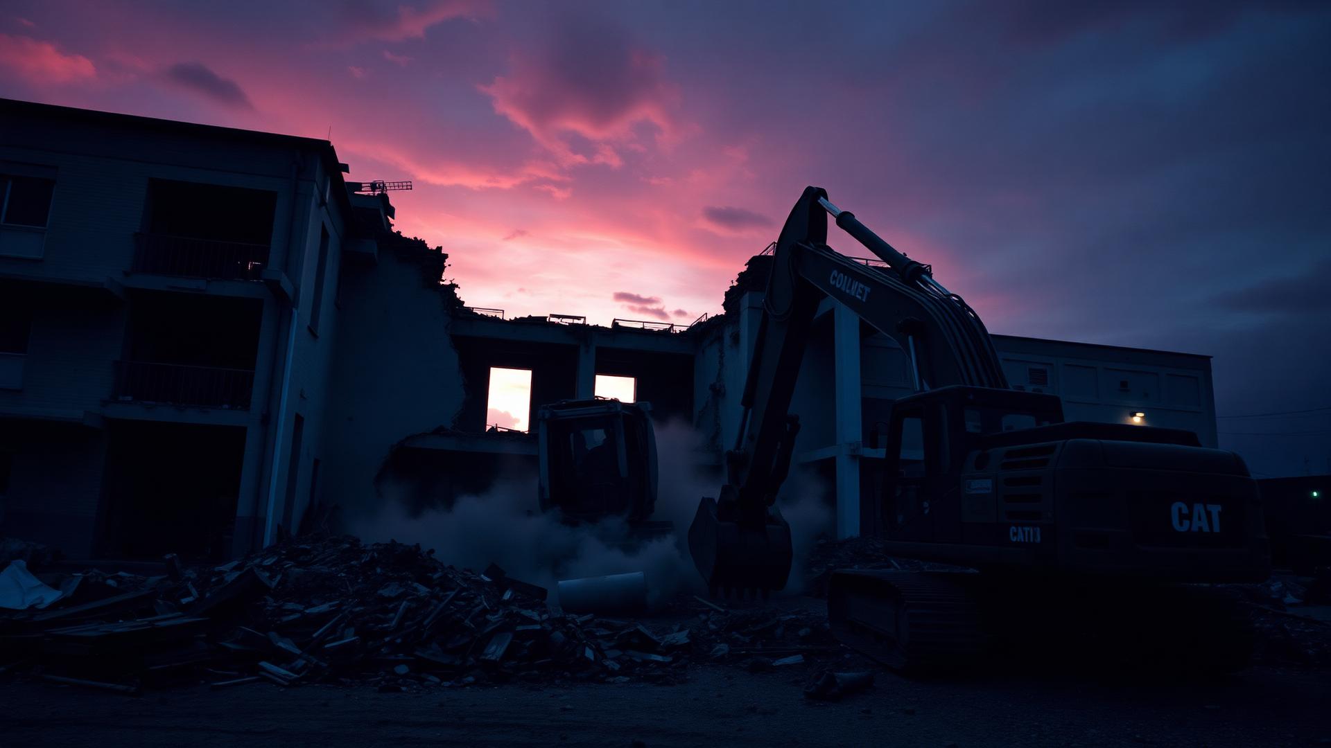 Excavator demolishing a commercial building at dusk