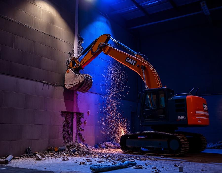 Excavator removing an interior warehouse wall