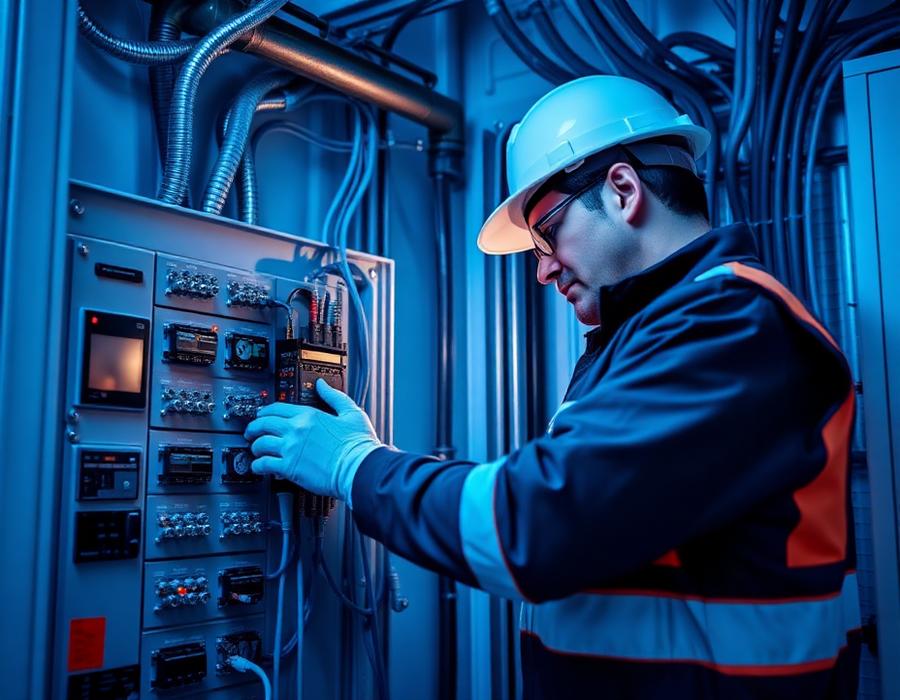 Electrician servicing a commercial electrical panel