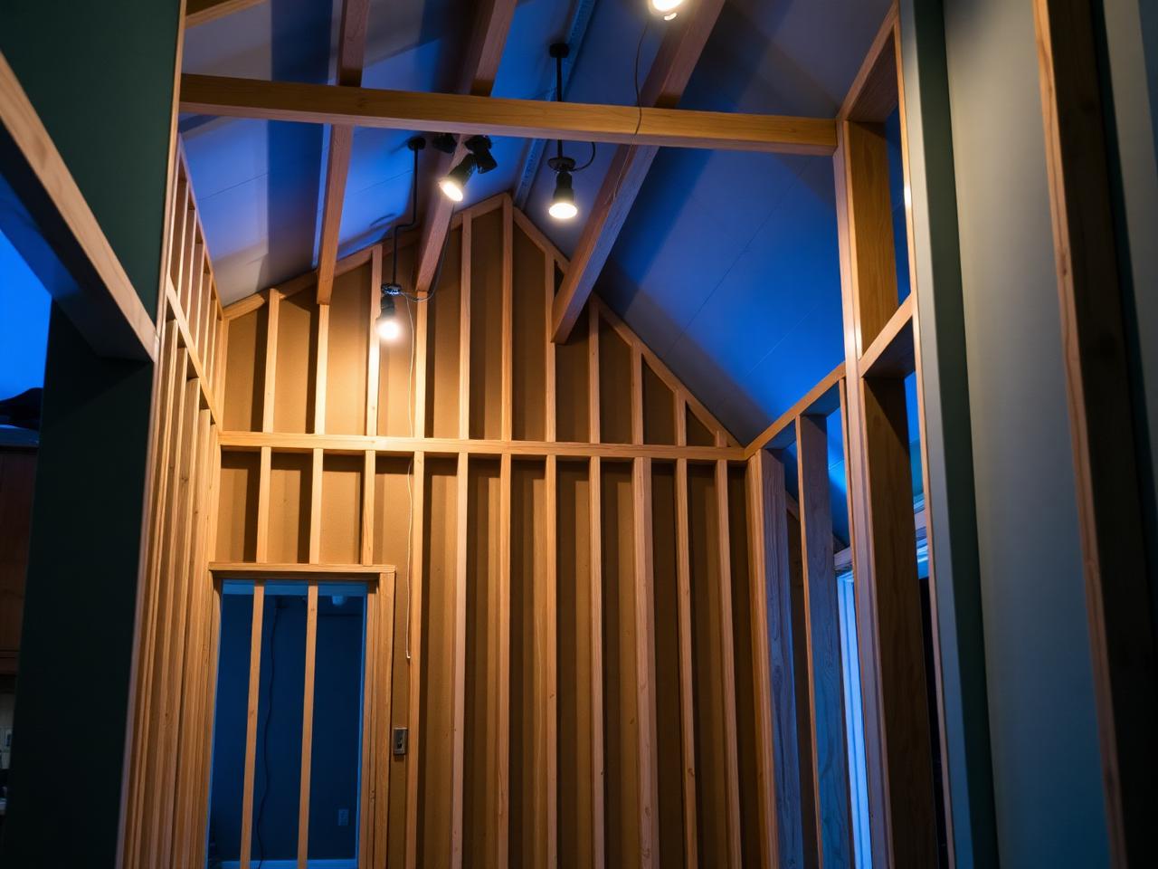 Wood stud framing during a residential home renovation